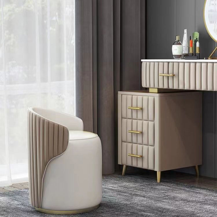 Moderner minimalistischer zylindrischer gestreifter Mikrofaser-Leder-Massivholzrahmen Metallbasis Schminkhocker für Schlafzimmer 