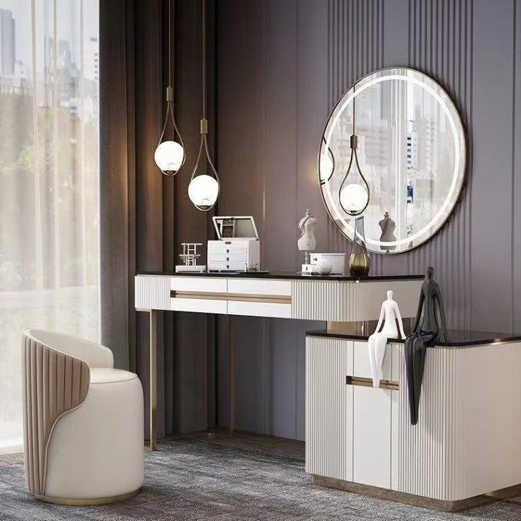 Moderner minimalistischer zylindrischer gestreifter Mikrofaser-Leder-Massivholzrahmen Metallbasis Schminkhocker für Schlafzimmer 