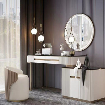 Modern Minimalist Cylindrical Striped Leather Solid Wood Frame Metal Base Vanity Stool For Bedroom