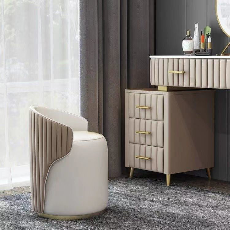 Moderner minimalistischer zylindrischer gestreifter Mikrofaser-Leder-Massivholzrahmen Metallbasis Schminkhocker für Schlafzimmer 