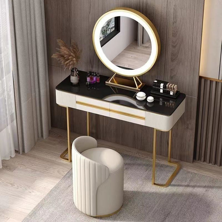 Moderner minimalistischer zylindrischer gestreifter Mikrofaser-Leder-Massivholzrahmen Metallbasis Schminkhocker für Schlafzimmer 