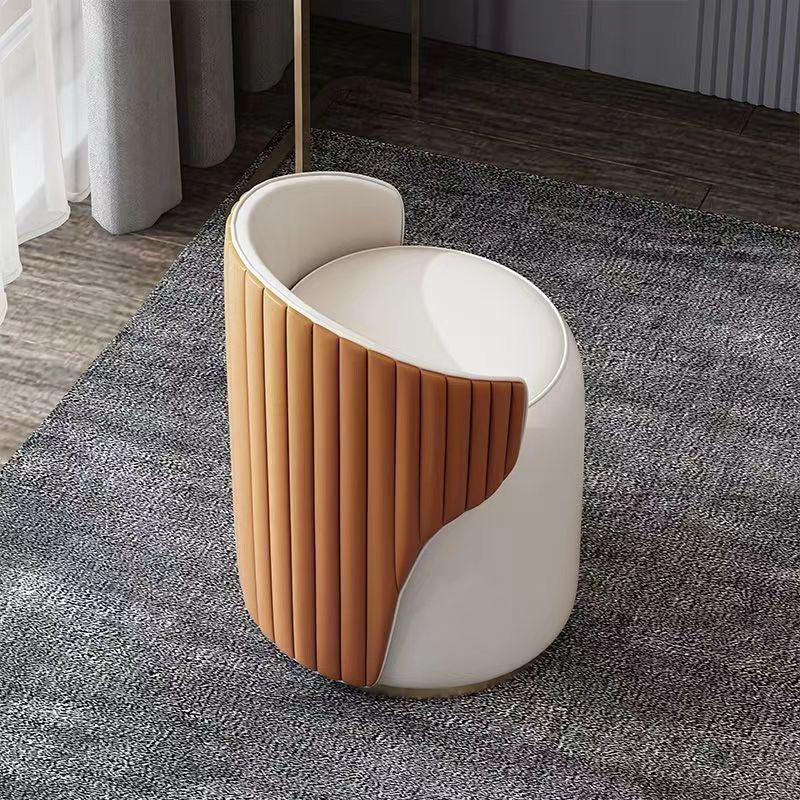 Modern Minimalist Cylindrical Striped Leather Solid Wood Frame Metal Base Vanity Stool For Bedroom
