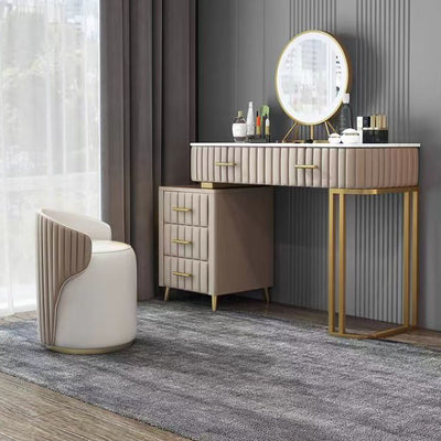 Modern Minimalist Cylindrical Striped Leather Solid Wood Frame Metal Base Vanity Stool For Bedroom