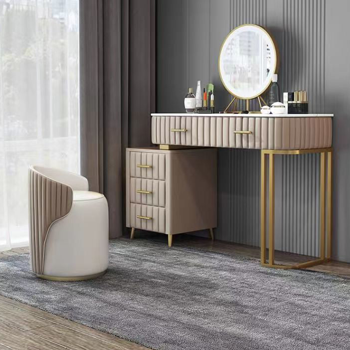 Modern Minimalist Cylindrical Striped Leather Solid Wood Frame Metal Base Vanity Stool For Bedroom
