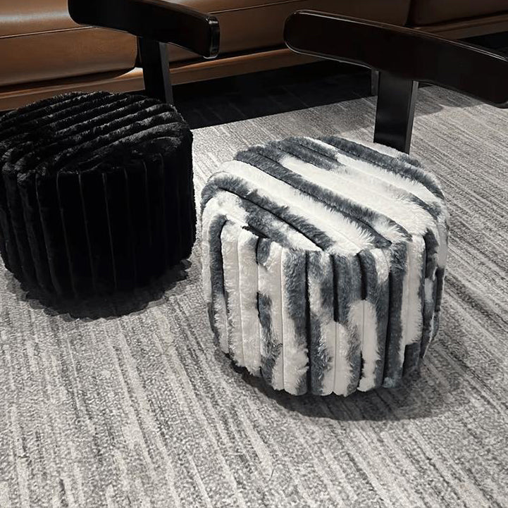 Contemporary Luxury Round Faux Velvet Rubberwood Solid Wood Movable Low Stool For Living Room
