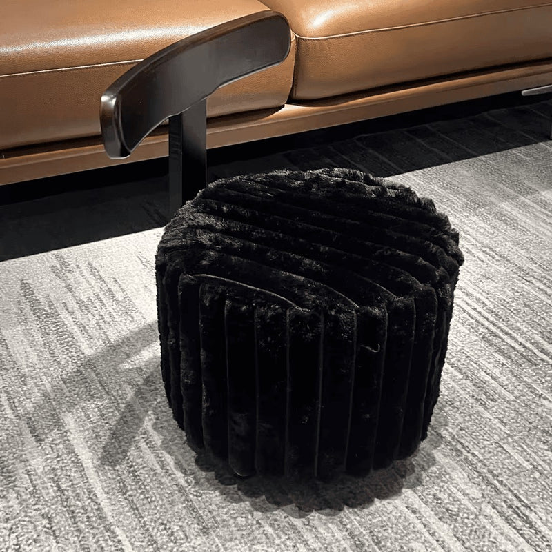Contemporary Luxury Round Faux Velvet Rubberwood Solid Wood Movable Low Stool For Living Room