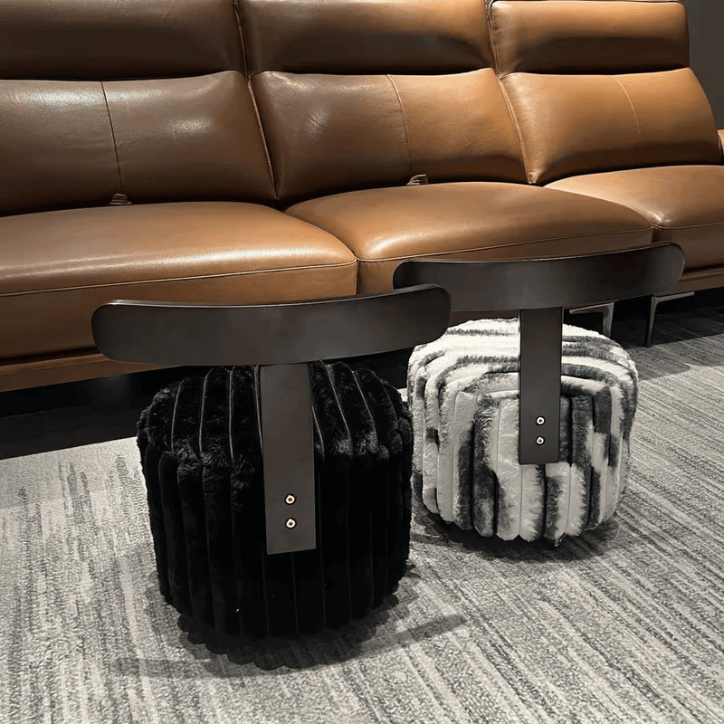 Contemporary Luxury Round Faux Velvet Rubberwood Solid Wood Movable Low Stool For Living Room