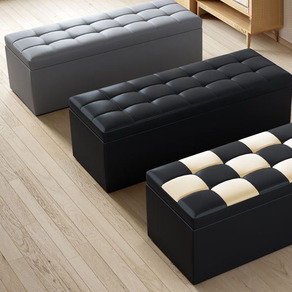Modern Minimalist Rectangular PU Leather Faux Wood Panel Storage Bench For Living Room