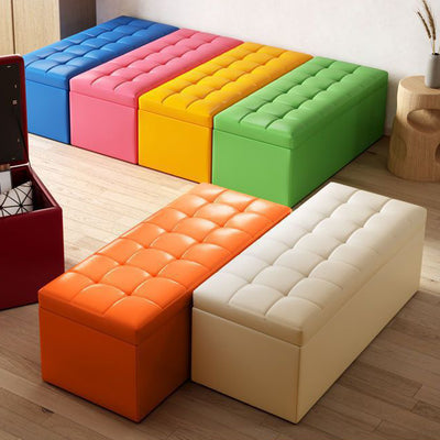 Modern Minimalist Rectangular PU Leather Faux Wood Panel Storage Bench For Living Room