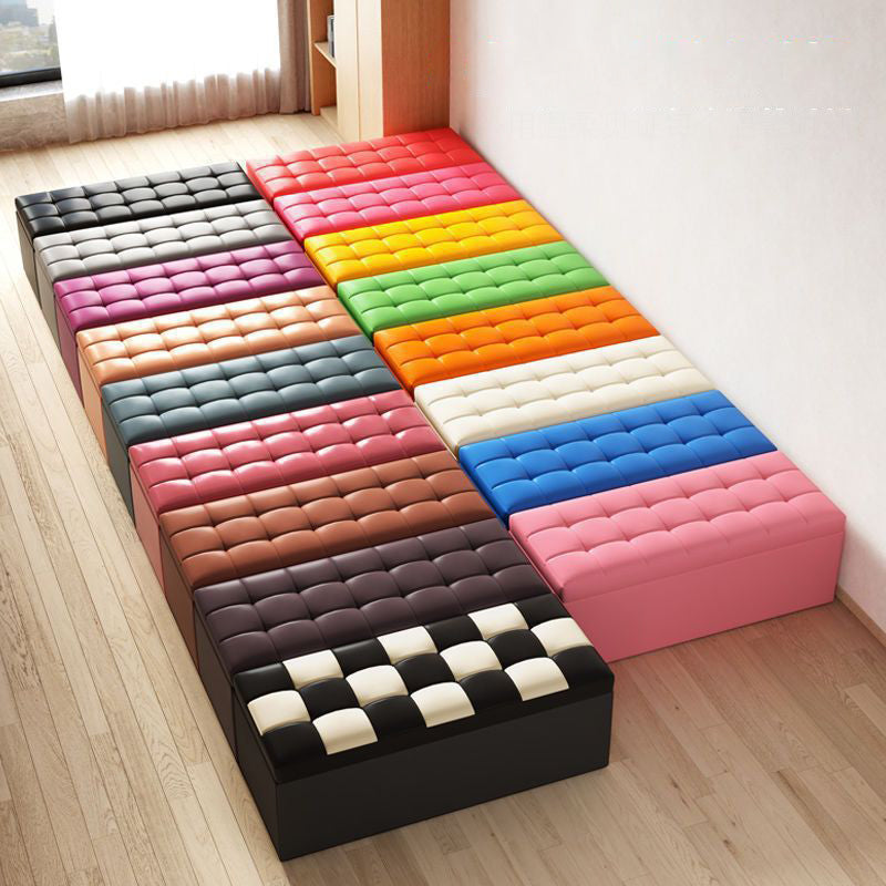 Modern Minimalist Rectangular PU Leather Faux Wood Panel Storage Bench For Living Room