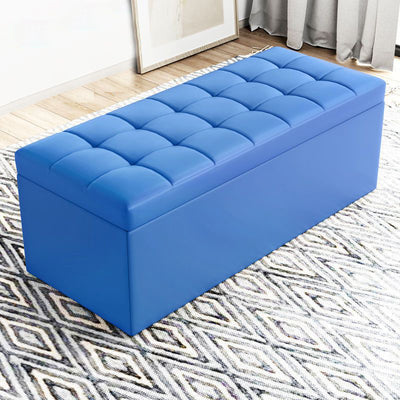 Modern Minimalist Rectangular PU Leather Faux Wood Panel Storage Bench For Living Room