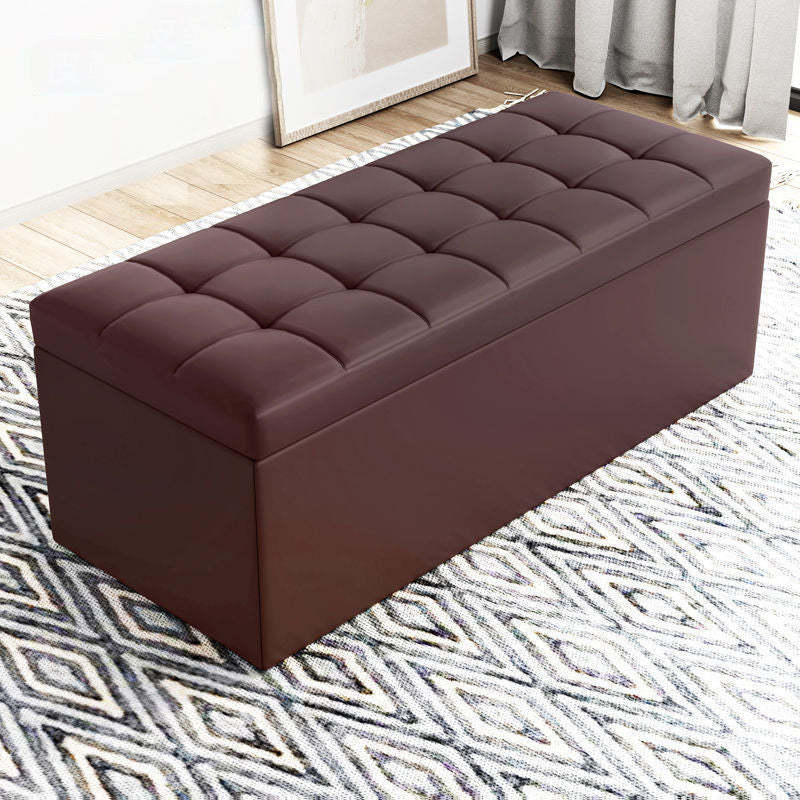 Modern Minimalist Rectangular PU Leather Faux Wood Panel Storage Bench For Living Room