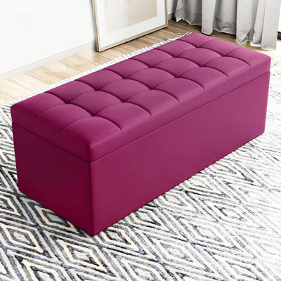 Modern Minimalist Rectangular PU Leather Faux Wood Panel Storage Bench For Living Room