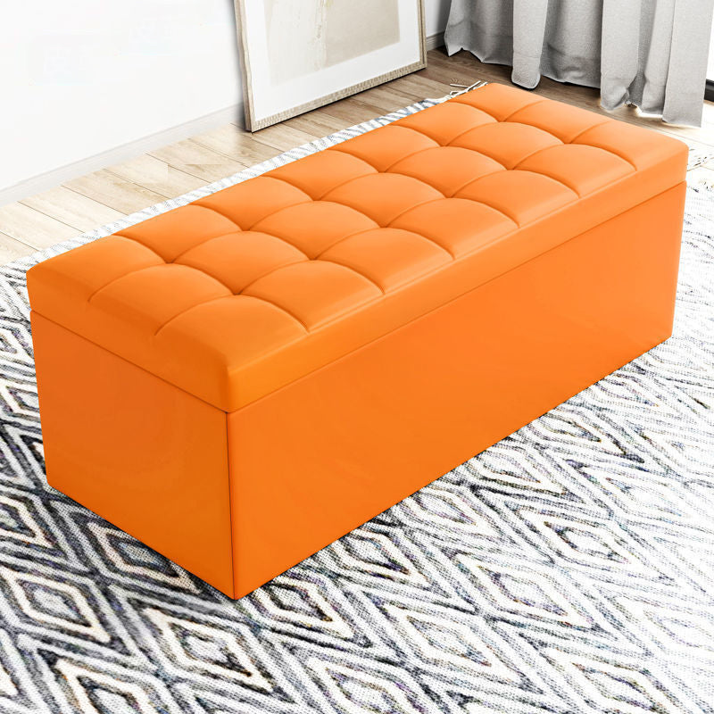 Modern Minimalist Rectangular PU Leather Faux Wood Panel Storage Bench For Living Room
