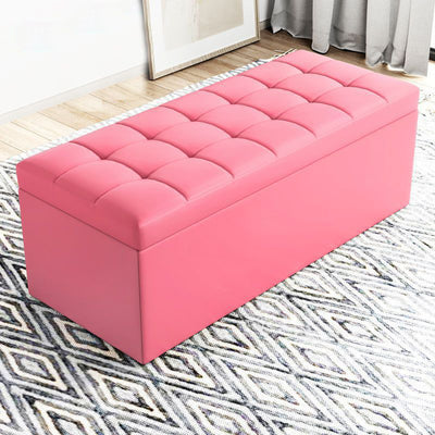 Modern Minimalist Rectangular PU Leather Faux Wood Panel Storage Bench For Living Room