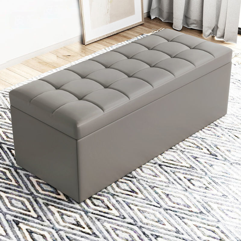 Modern Minimalist Rectangular PU Leather Faux Wood Panel Storage Bench For Living Room