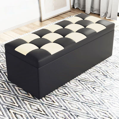 Modern Minimalist Rectangular PU Leather Faux Wood Panel Storage Bench For Living Room