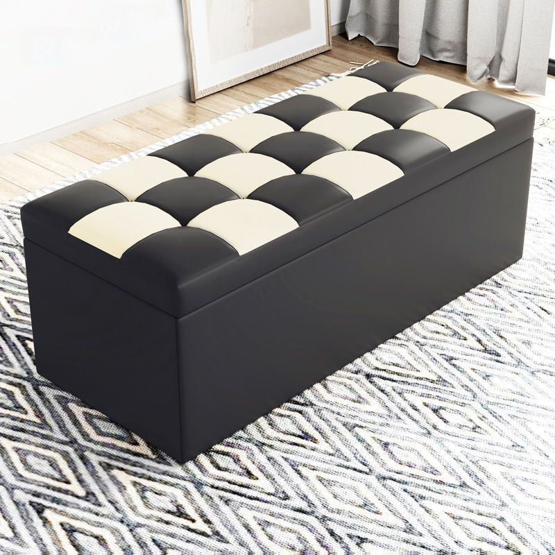 Modern Minimalist Rectangular PU Leather Faux Wood Panel Storage Bench For Living Room