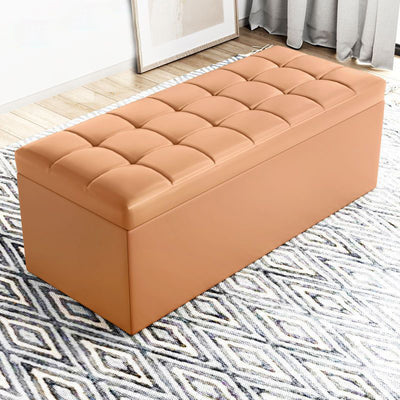 Modern Minimalist Rectangular PU Leather Faux Wood Panel Storage Bench For Living Room