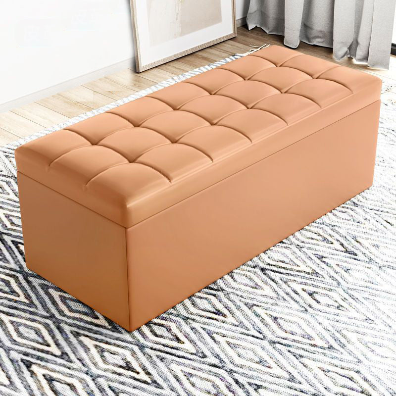 Modern Minimalist Rectangular PU Leather Faux Wood Panel Storage Bench For Living Room