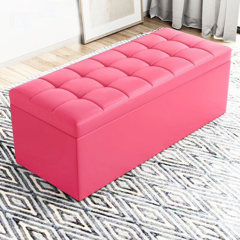 Modern Minimalist Rectangular PU Leather Faux Wood Panel Storage Bench For Living Room