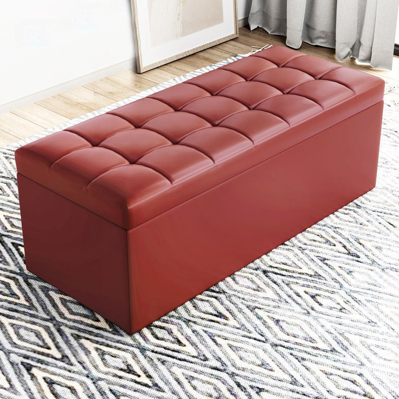 Modern Minimalist Rectangular PU Leather Faux Wood Panel Storage Bench For Living Room