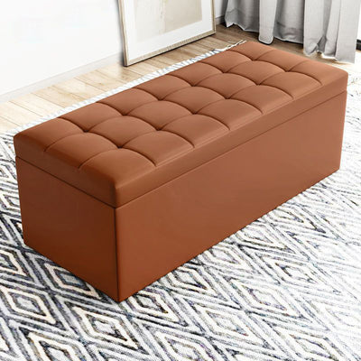 Modern Minimalist Rectangular PU Leather Faux Wood Panel Storage Bench For Living Room