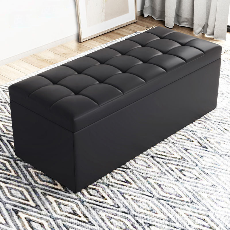 Modern Minimalist Rectangular PU Leather Faux Wood Panel Storage Bench For Living Room
