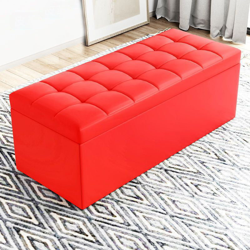 Modern Minimalist Rectangular PU Leather Faux Wood Panel Storage Bench For Living Room