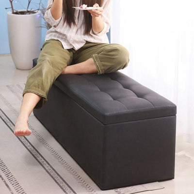 Modern Minimalist Rectangular PU Leather Faux Wood Panel Storage Bench For Living Room