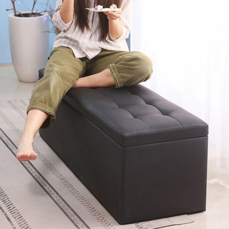 Modern Minimalist Rectangular PU Leather Faux Wood Panel Storage Bench For Living Room