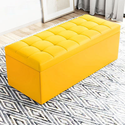 Modern Minimalist Rectangular PU Leather Faux Wood Panel Storage Bench For Living Room