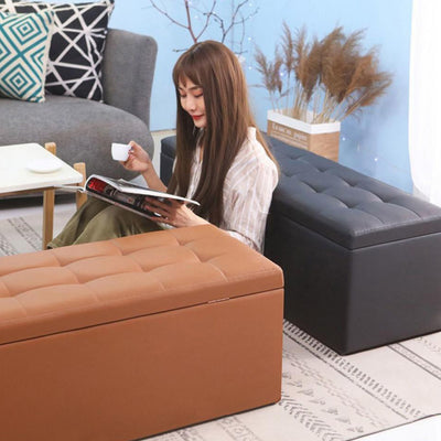 Modern Minimalist Rectangular PU Leather Faux Wood Panel Storage Bench For Living Room