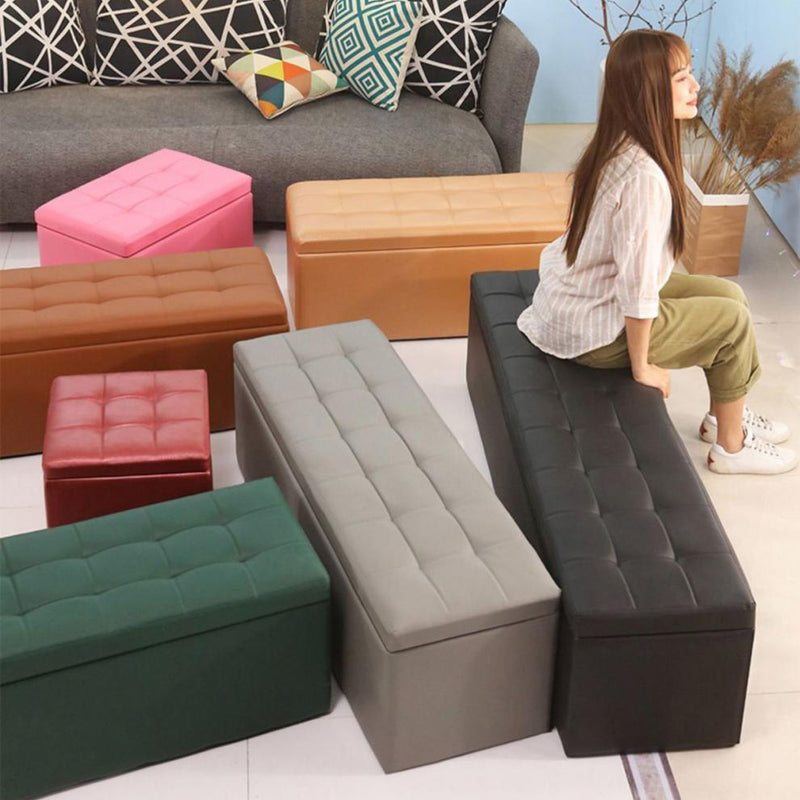 Modern Minimalist Rectangular PU Leather Faux Wood Panel Storage Bench For Living Room