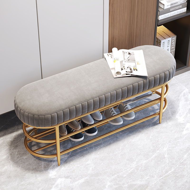 Contemporary Luxury Oval Iron Crystal Velvet Storage Shoe Bench 2-Tier For Entryways