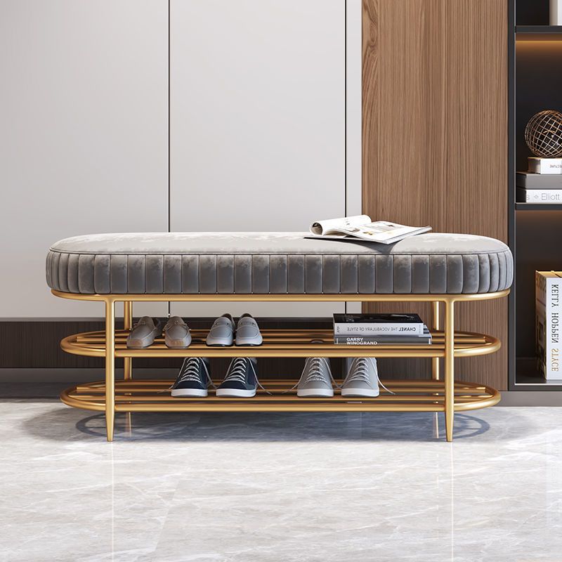 Contemporary Luxury Oval Iron Crystal Velvet Storage Shoe Bench 2-Tier For Entryways