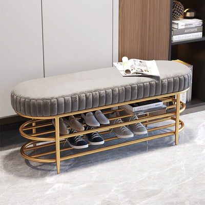 Contemporary Luxury Oval Iron Crystal Velvet Storage Shoe Bench 2-Tier For Entryways