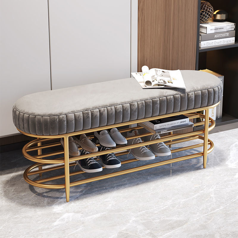 Contemporary Luxury Oval Iron Crystal Velvet Storage Shoe Bench 2-Tier For Entryways