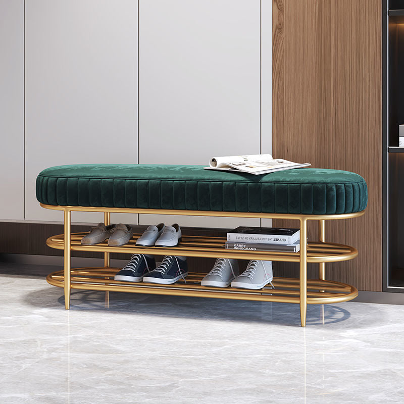 Contemporary Luxury Oval Iron Crystal Velvet Storage Shoe Bench 2-Tier For Entryways