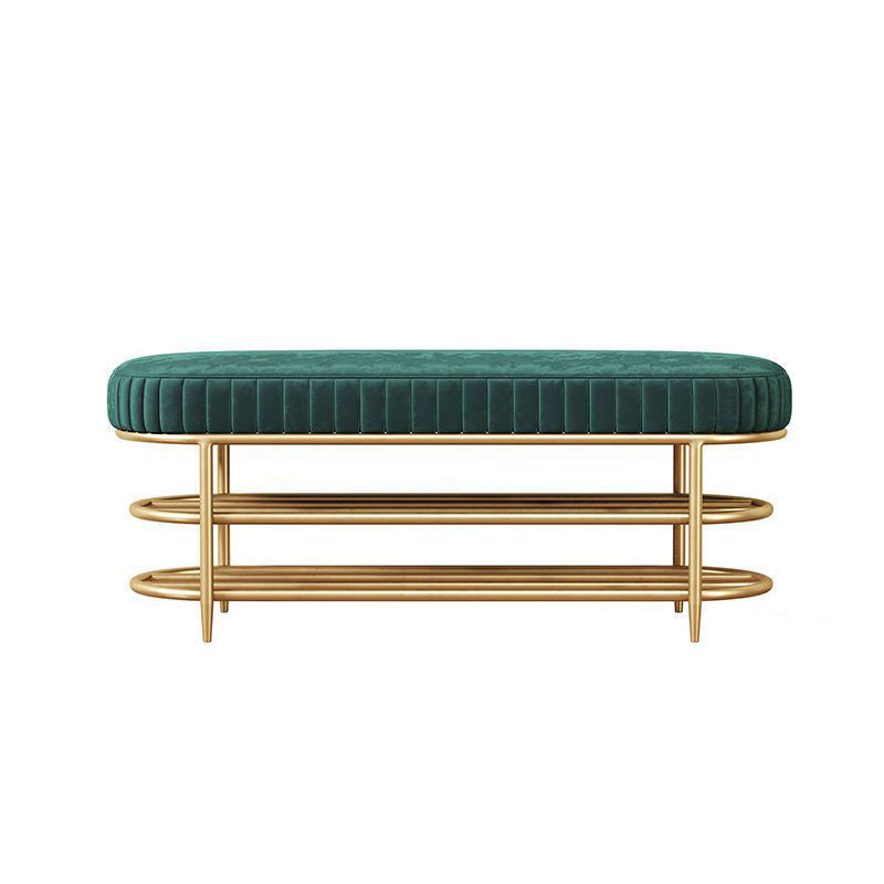 Contemporary Luxury Oval Iron Crystal Velvet Storage Shoe Bench 2-Tier For Entryways