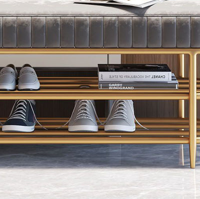 Contemporary Luxury Oval Iron Crystal Velvet Storage Shoe Bench 2-Tier For Entryways