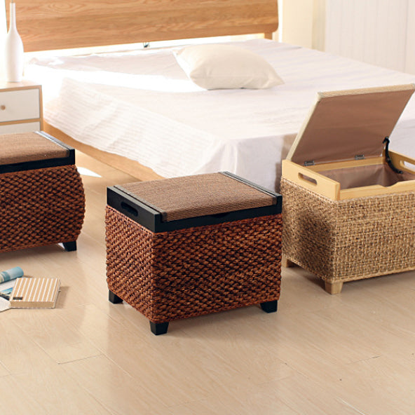 Traditional Chinese Square Pine Solid Wood Plywood Narcissus Vine Storage Low Stool 1-Cabinet For Bedroom