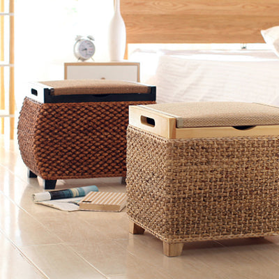 Traditional Chinese Square Pine Solid Wood Plywood Narcissus Vine Storage Low Stool 1-Cabinet For Bedroom