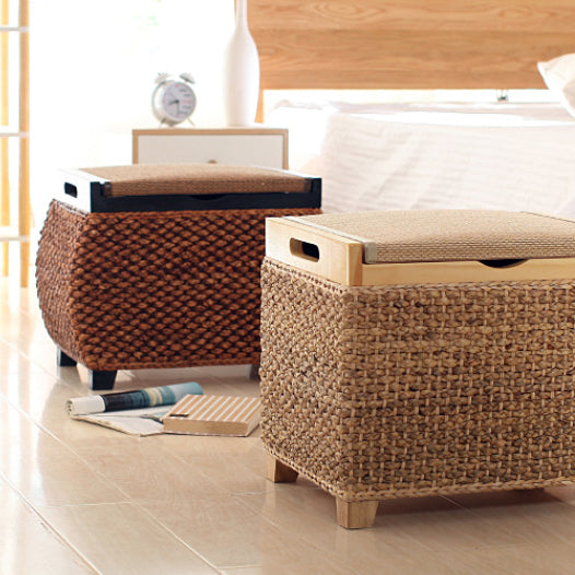 Traditional Chinese Square Pine Solid Wood Plywood Narcissus Vine Storage Low Stool 1-Cabinet For Bedroom