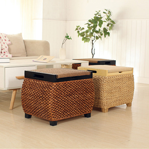 Traditional Chinese Square Pine Solid Wood Plywood Narcissus Vine Storage Low Stool 1-Cabinet For Bedroom