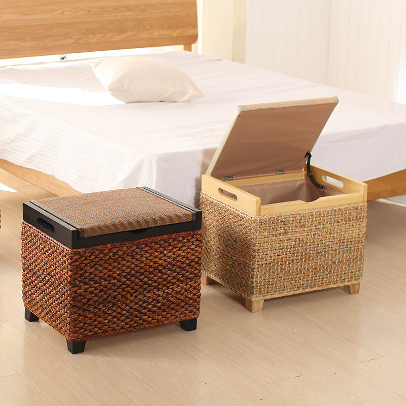 Traditional Chinese Square Pine Solid Wood Plywood Narcissus Vine Storage Low Stool 1-Cabinet For Bedroom
