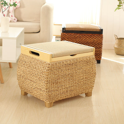 Traditional Chinese Square Pine Solid Wood Plywood Narcissus Vine Storage Low Stool 1-Cabinet For Bedroom