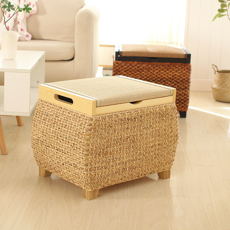 Traditional Chinese Square Pine Solid Wood Plywood Narcissus Vine Storage Low Stool 1-Cabinet For Bedroom