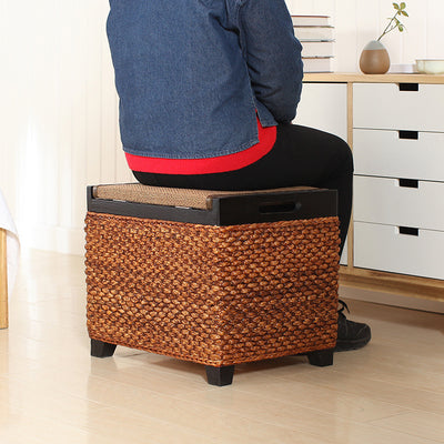 Traditional Chinese Square Pine Solid Wood Plywood Narcissus Vine Storage Low Stool 1-Cabinet For Bedroom