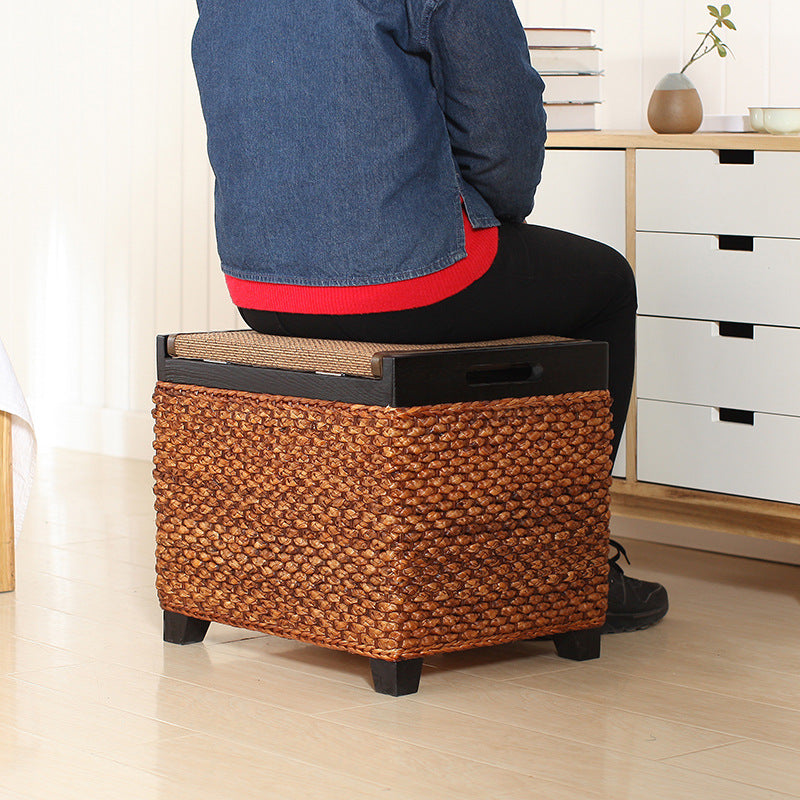 Traditional Chinese Square Pine Solid Wood Plywood Narcissus Vine Storage Low Stool 1-Cabinet For Bedroom